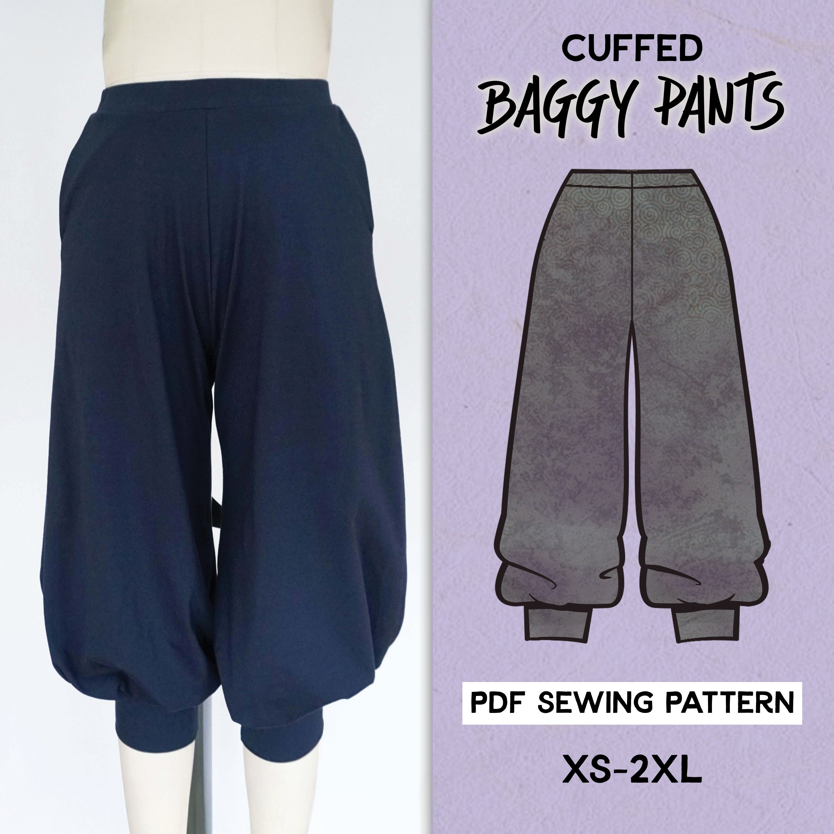 Cuffed Baggy Pants for stretch fabrics Sewing Pattern/Downloadable PDF File and Tutorial Book